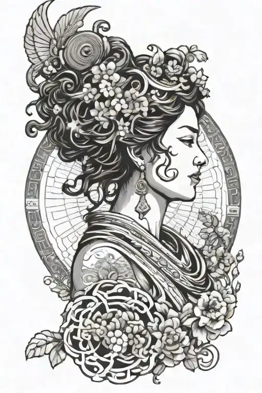 A stoic Greek goddess with a binary code halo, symbolizing the harmony between technology and mythology tattoo design idea