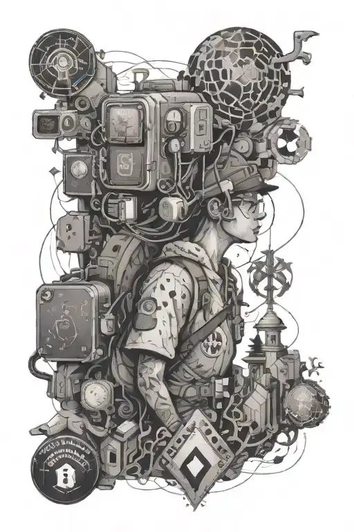 A traveler exploring a digital world filled with blockchain symbols and gaming references tattoo design idea