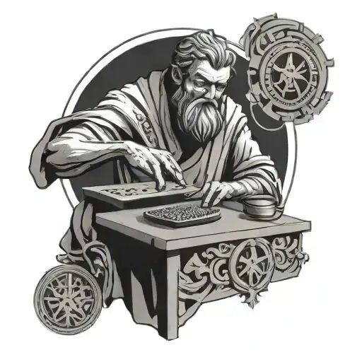 A stoic philosopher coding the principles of stoicism into a computer program, surrounded by ancient Greek and Japanese symbols tattoo design idea