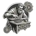 A stoic philosopher coding the principles of stoicism into a computer program, surrounded by ancient Greek and Japanese symbols tattoo design idea