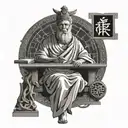 A stoic philosopher coding the principles of stoicism into a computer program, surrounded by ancient Greek and Japanese symbols tattoo design idea