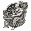 A stoic philosopher coding the principles of stoicism into a computer program, surrounded by ancient Greek and Japanese symbols tattoo design idea