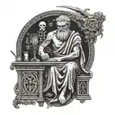 A stoic philosopher coding the principles of stoicism into a computer program, surrounded by ancient Greek and Japanese symbols tattoo design idea