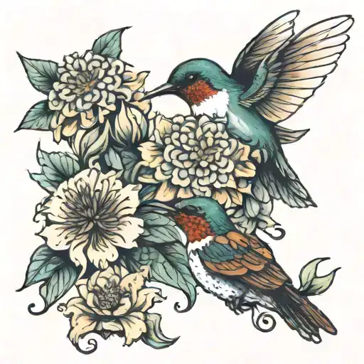 zinnia and perched hummingbirds tattoo design idea