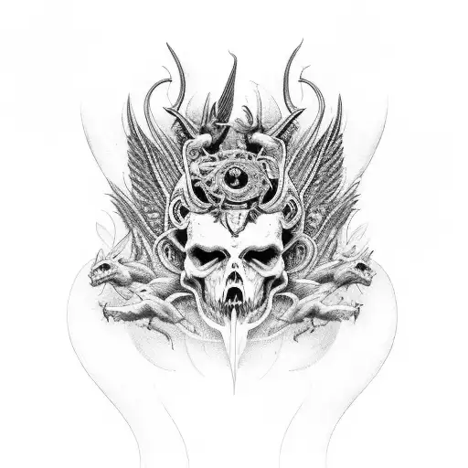 Varios demonios intentando agarrarme mientras vuelo con alas de angel y cuernos de demonio tattoo design idea