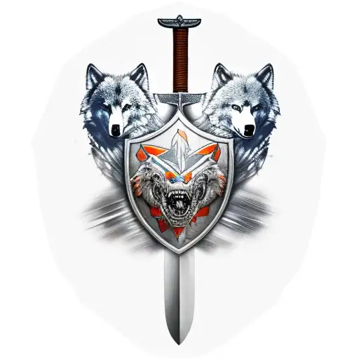sword and shield, wolf, bear paw tattoo design idea