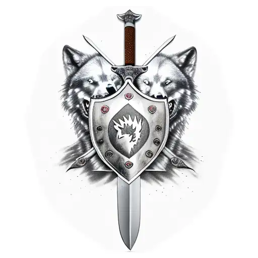 sword and shield, wolf, bear paw tattoo design idea