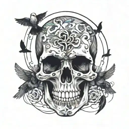 a skull surrounded by black birds with suminagashi  tattoo design idea