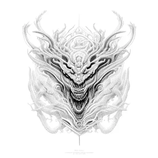 An intricate net of interconnected Nordic dragons, formed by lines and dots tattoo design idea