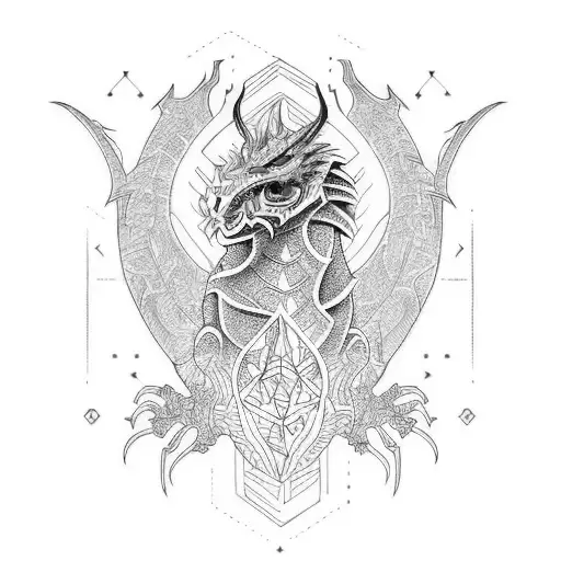 A cybernetic dragon with glowing Nordic runes embedded in its body tattoo design idea