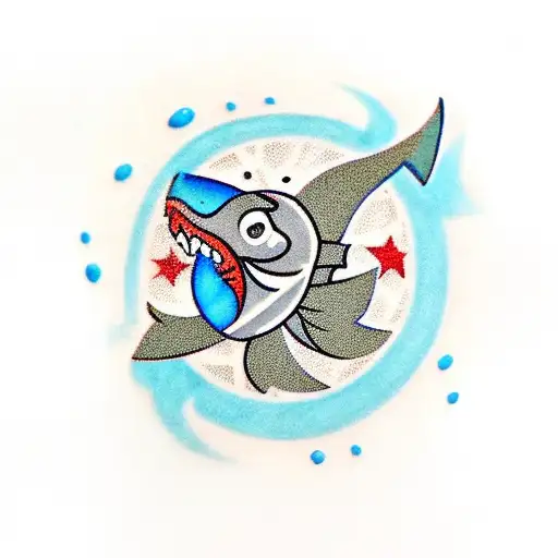 castle with u shaped window, blue fish, blood, middle finger, burnt hot dog tattoo design idea