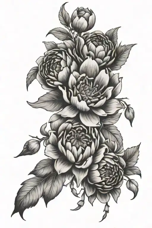honeysuckle, marigolds, peony, chrysanthemum, snowdrop, and poppy flowers tattoo design idea