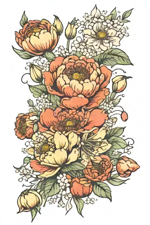 honeysuckle flowers, cosmo flowers, peony flowers, chrysanthemum flowers, snowdrop flowers, and poppy flowers combo tattoo design idea