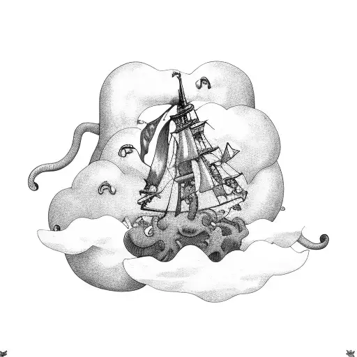 Hanging man in cage from clouds over shark infested waters, with the kraken grasping onto a ship.  tattoo design idea
