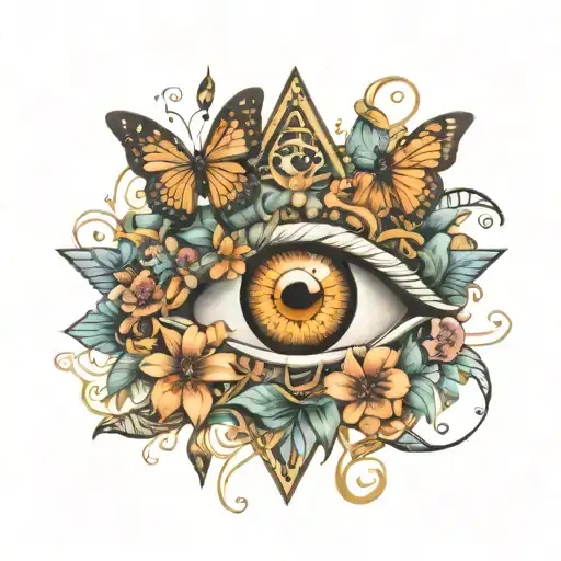 Illuminati eye surrounded by flowers and butterflies  tattoo design idea