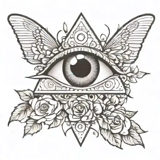 Illuminati eye surrounded by flowers and butterflies  tattoo design idea