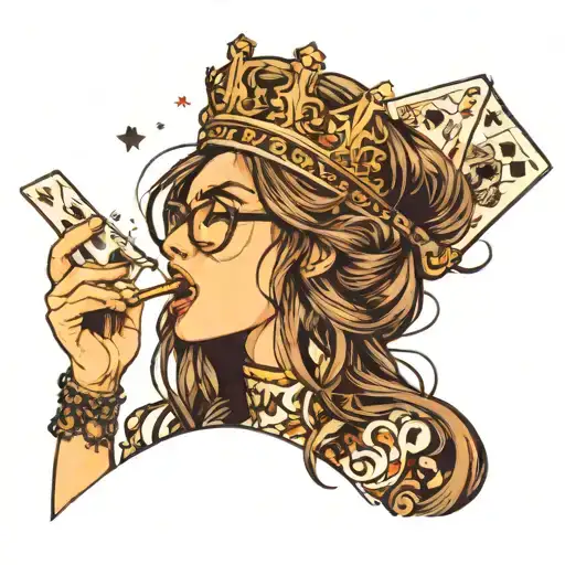 girl in profile, opens mouth and sticks out tongue, glasses, long brown hair, long nose, crown, ace of spades card tattoo design idea