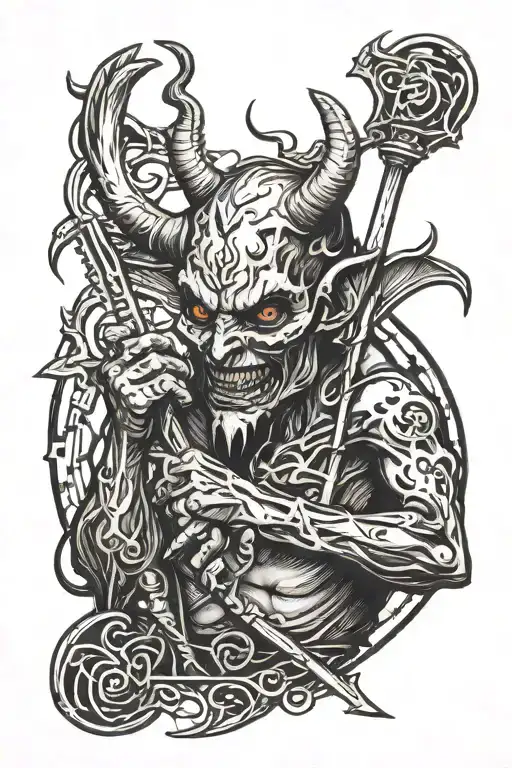 devil with pitch fork crossed tattoo design idea