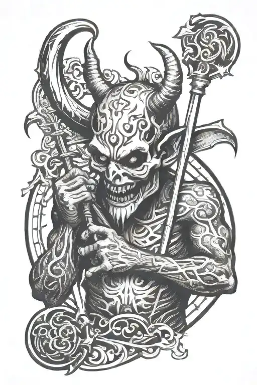 devil with pitch fork crossed tattoo design idea