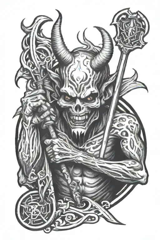 devil with pitch fork crossed tattoo design idea