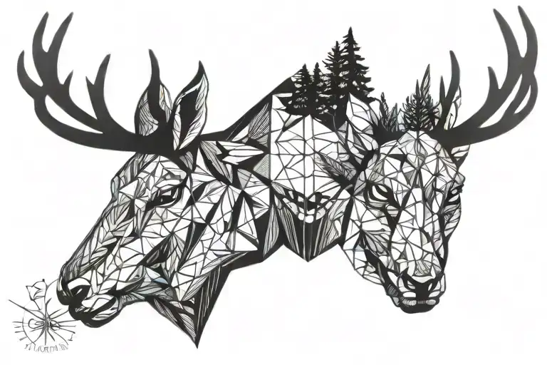Forest blackout symmetrical geometric  deer face tattoo design idea