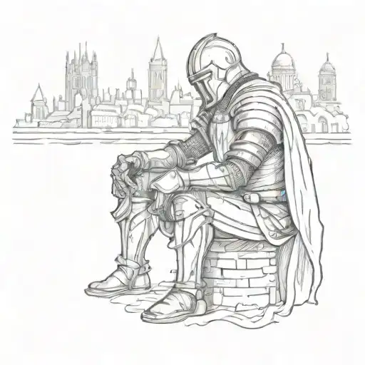 A medieval knight kneeling before the London skyline as a sign of loyalty tattoo design idea