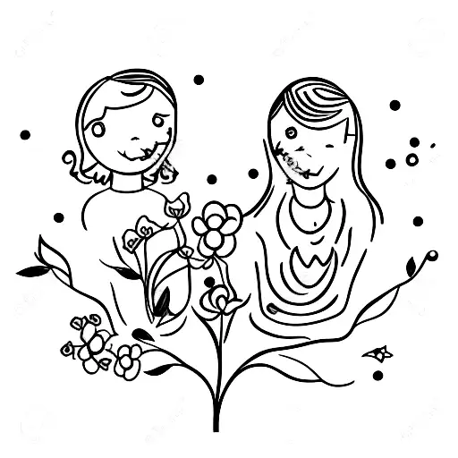 Mother and daughter playing in a field of flowers tattoo design idea