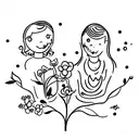 Mother and daughter playing in a field of flowers tattoo design idea
