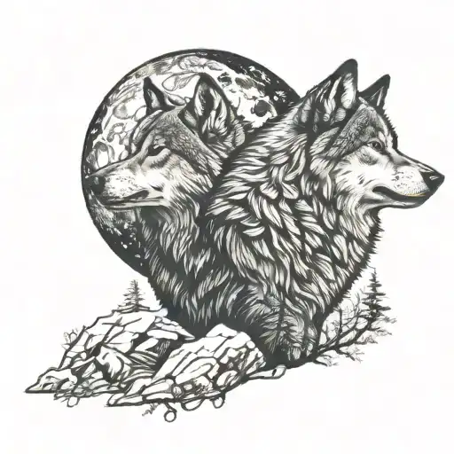 two wolves howling at night tattoo design idea