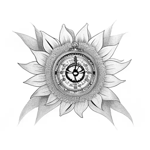full sleeve with sunflower, lotus flower, pocket watch, compass, red cardinal, coqui frog, 818 tattoo design idea