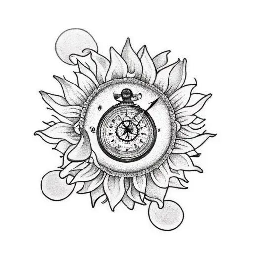 sleeve with sunflower, lotus flower, pocket watch, compass, red cardinal, coqui frog, 818 tattoo design idea