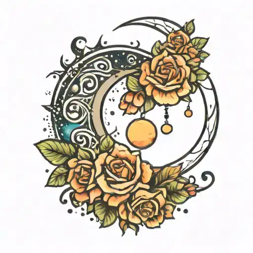 crescent moon with roses and galaxy and hanging beads tattoo design idea