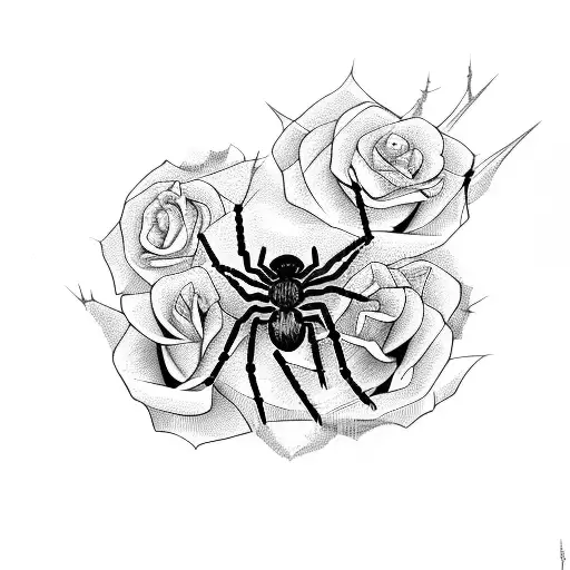 spider with web , roses ,thorn and swirl pattern tattoo design idea