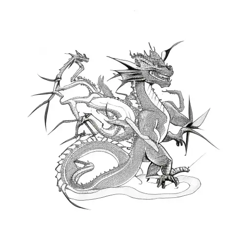 A dragon eating its own tail while an olive branch and a thorny rose branch cross around the dragon tattoo design idea