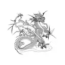 A dragon eating its own tail while an olive branch and a thorny rose branch cross around the dragon tattoo design idea