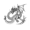 A dragon eating its own tail while an olive branch and a thorny rose branch cross around the dragon tattoo design idea