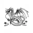 A dragon eating its own tail while an olive branch and a thorny rose branch cross around the dragon tattoo design idea