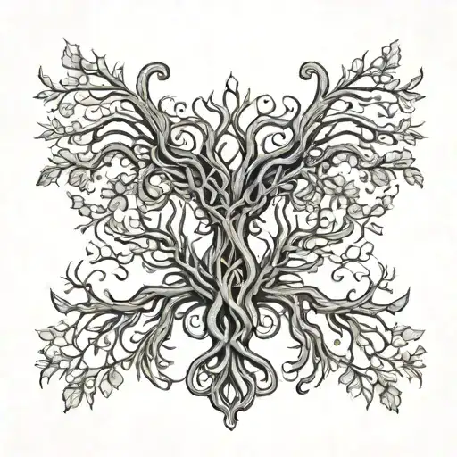 Alpha and Omega flanking a Hercules' Knot Tree tattoo design idea