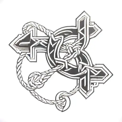 Cross made of Hercules' Knot with Alpha and Omega symbol intertwined tattoo design idea