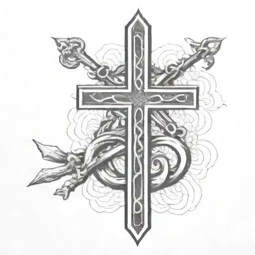 Christianity  Cross surrounded by Hercules' Knot with the Alpha and Omega signs  tattoo design idea