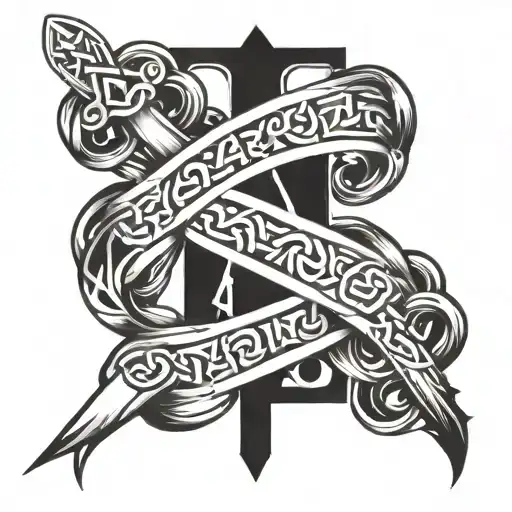 Alpha and Omega letters with Cross and Hercules Knot  tattoo design idea