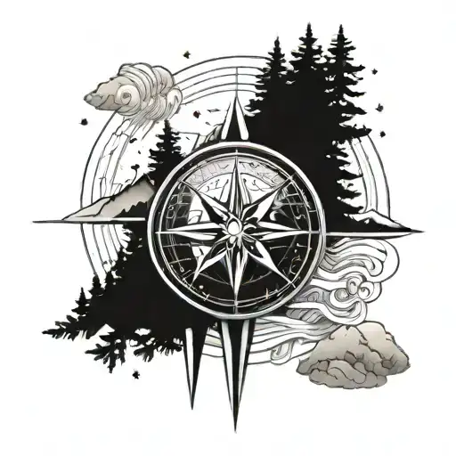 compass, mountains, trees, stars, waves tattoo design idea