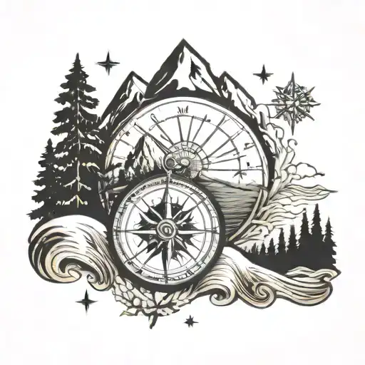 compass, mountains, trees, stars, waves tattoo design idea