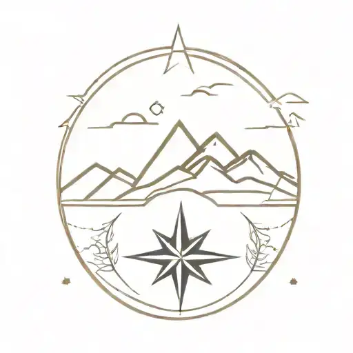 A minimalist tattoo of a compass rose with a mountain landscape in the background, representing your passion for adventure and travel tattoo design idea