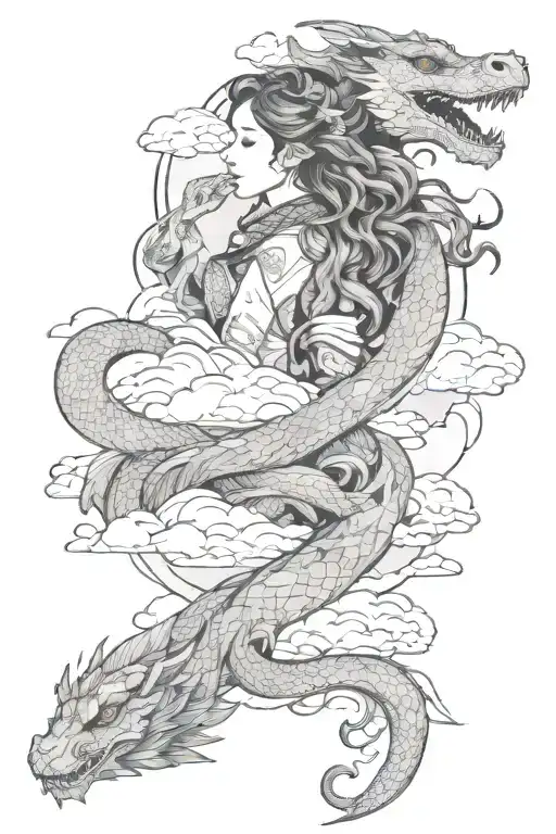 Floating Haku dragon wrapped curly long haired girl in clouds tattoo design idea