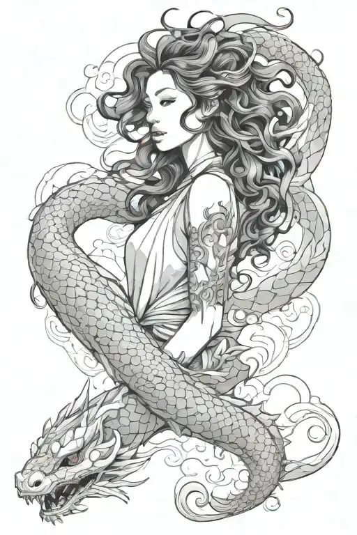 Floating Haku dragon wrapped curly long haired girl in clouds tattoo design idea