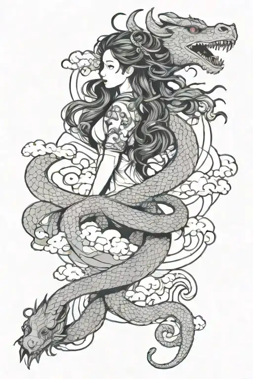 Floating Haku dragon wrapped curly long haired girl in clouds tattoo design idea