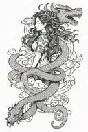 Floating Haku dragon wrapped curly long haired girl in clouds tattoo design idea