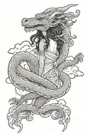 Floating Haku dragon wrapped curly long haired girl in clouds tattoo design idea
