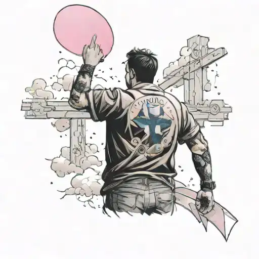 Rear view of a man with his arms open like a cross, holding a blue and a pink balloon in each hand and looking up at sky tattoo design idea